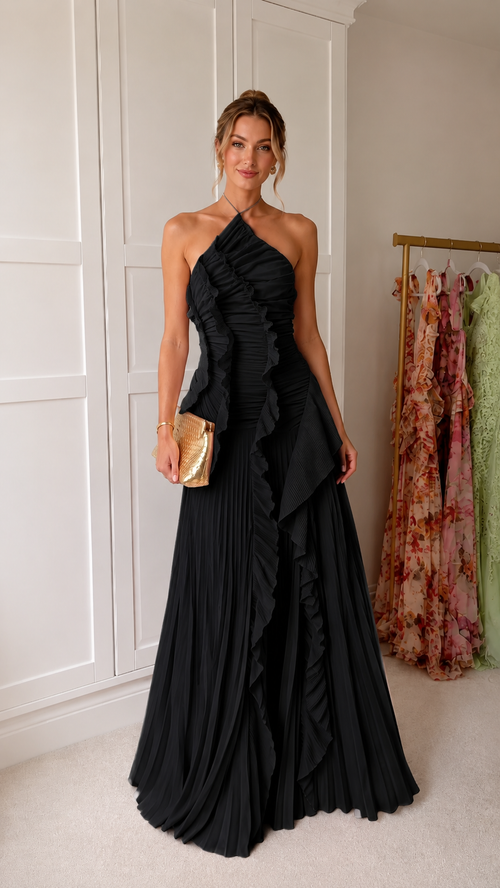 Asymmetric Pleated Halter Ruffle Maxi Dress