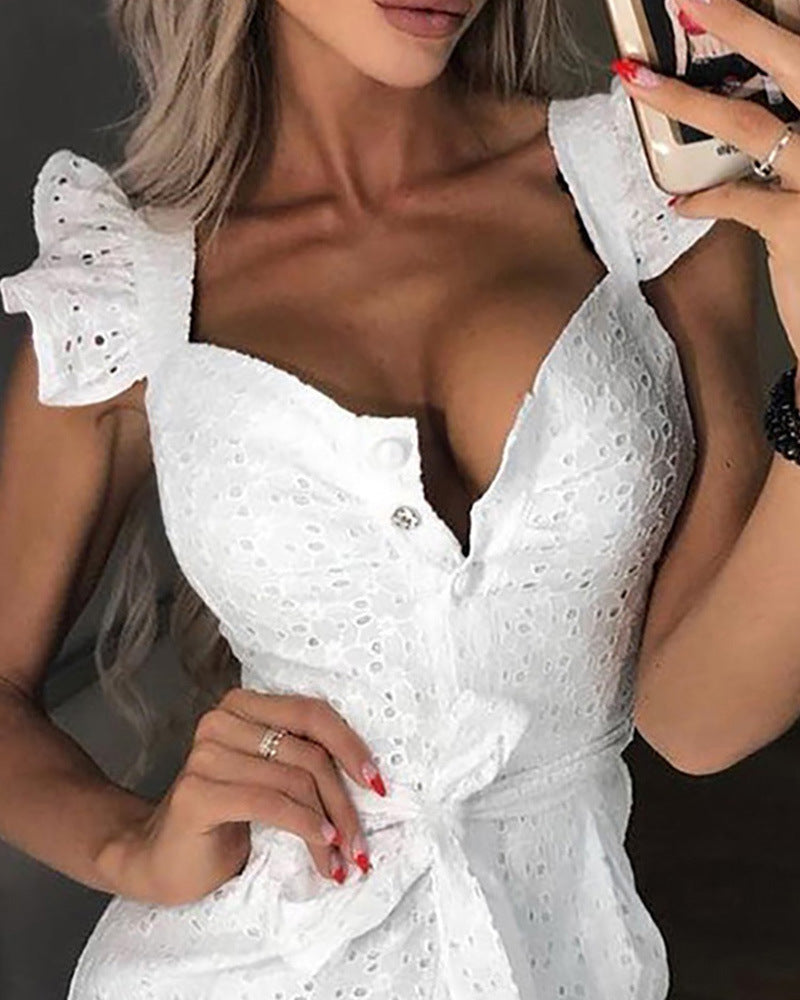 Square-neck embroidered slim dress