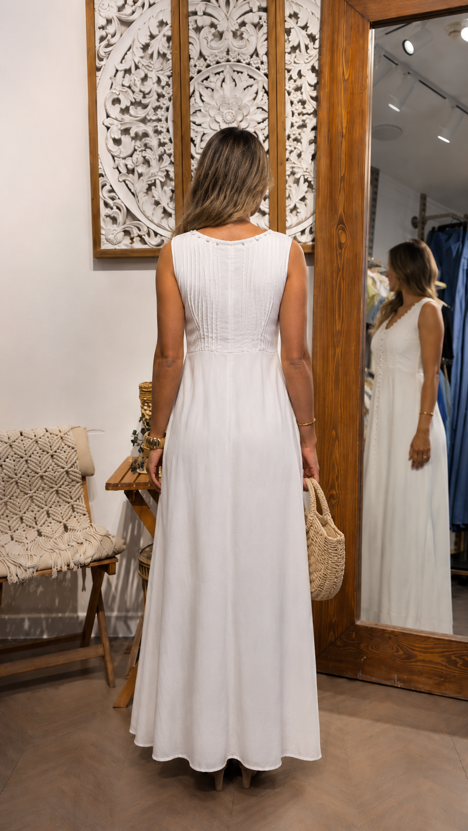 Sleeveless Button-Front Pintuck Maxi Dress