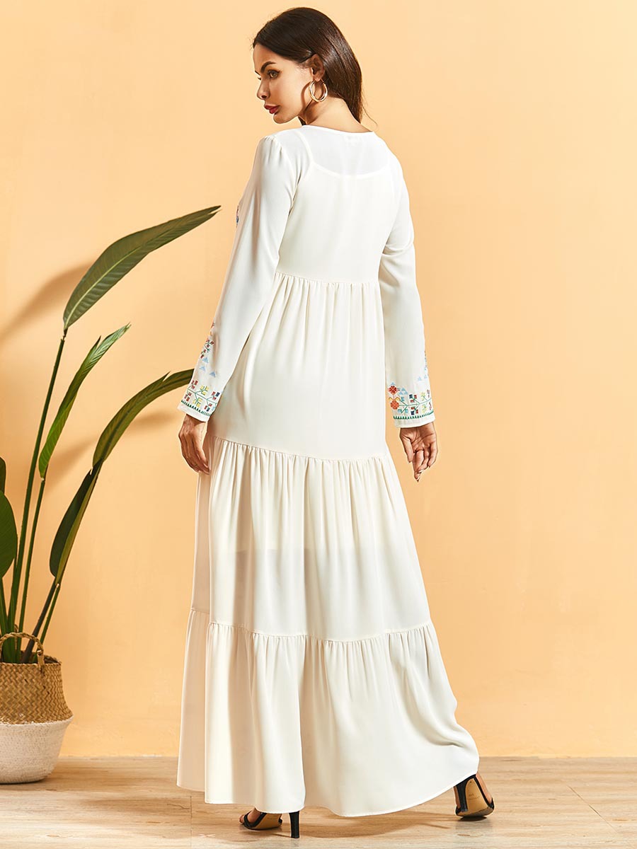 Long-sleeved Embroidered Pleated Fashion Dress