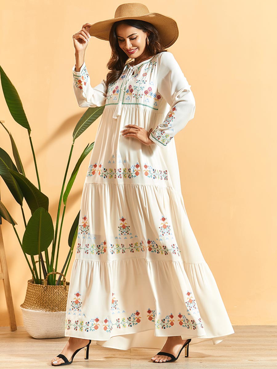 Long-sleeved Embroidered Pleated Fashion Dress