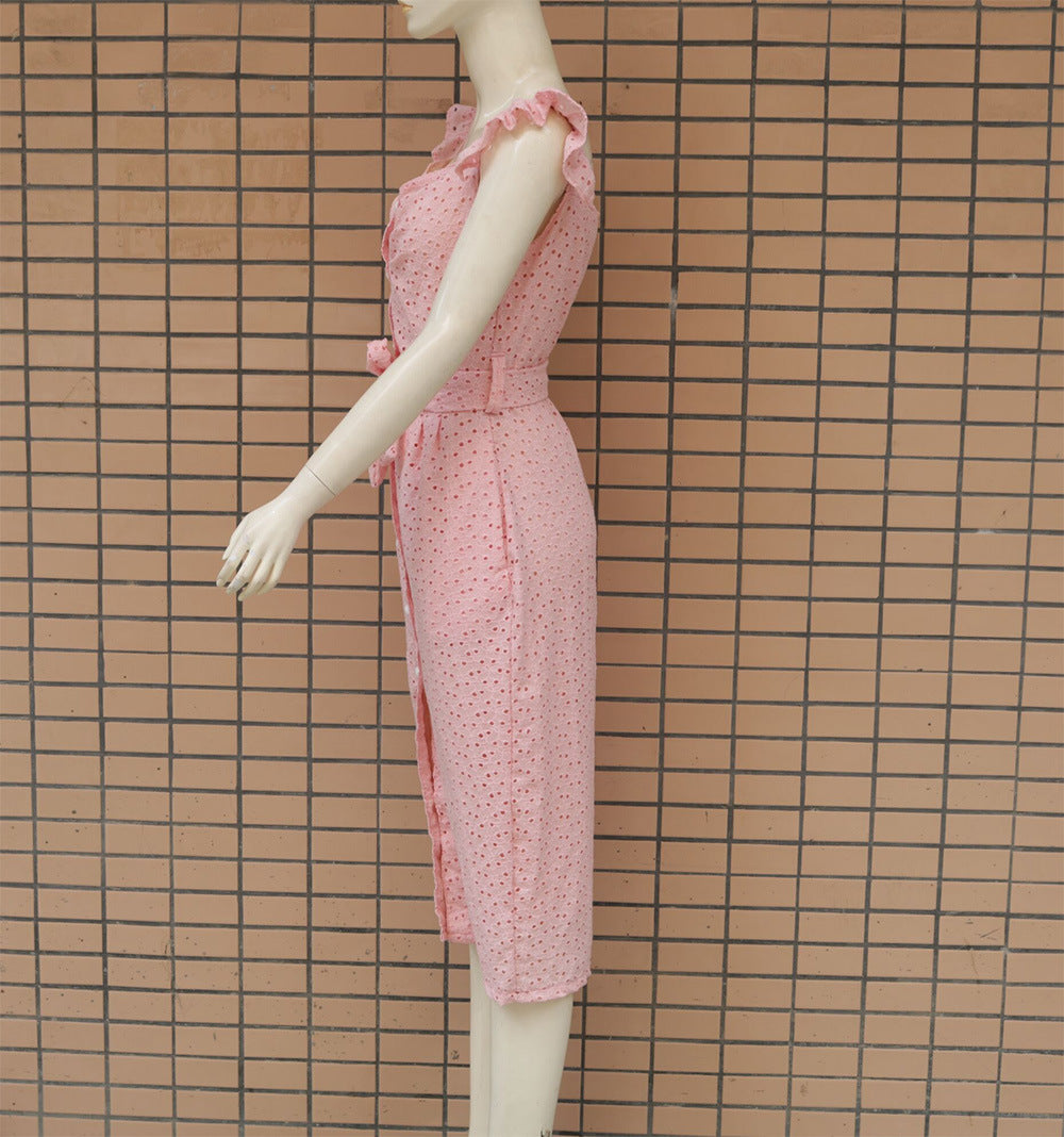 Square-neck embroidered slim dress