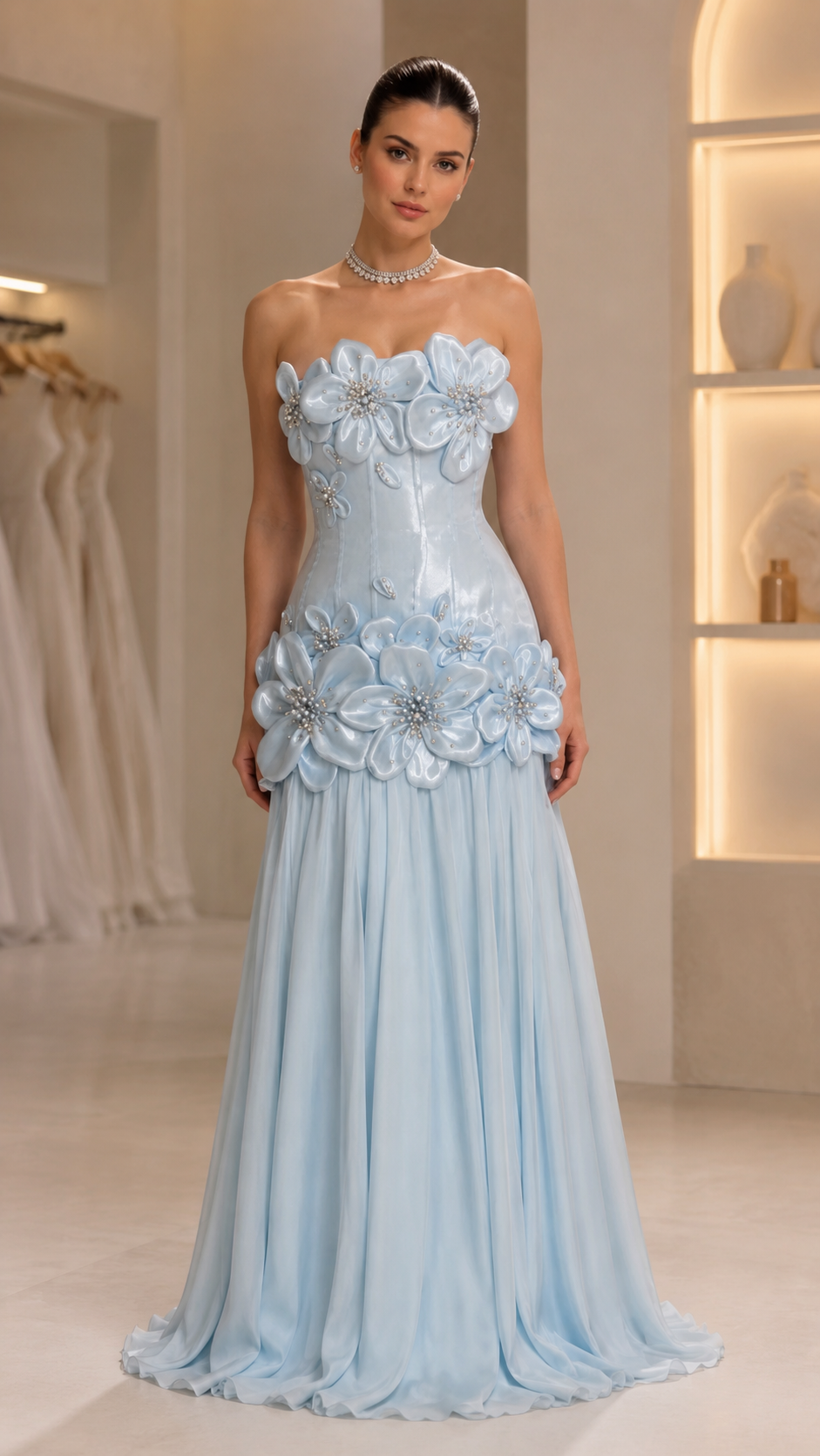 Strapless 3D Floral Appliqué Corset Maxi Dress