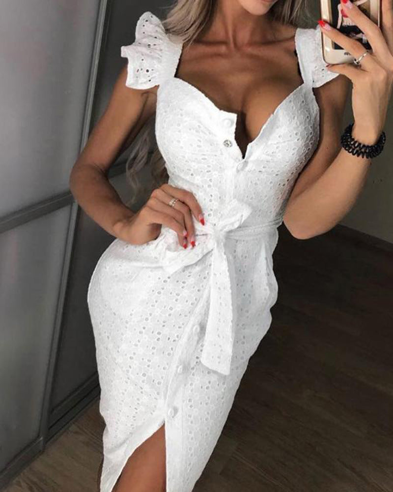 Square-neck embroidered slim dress