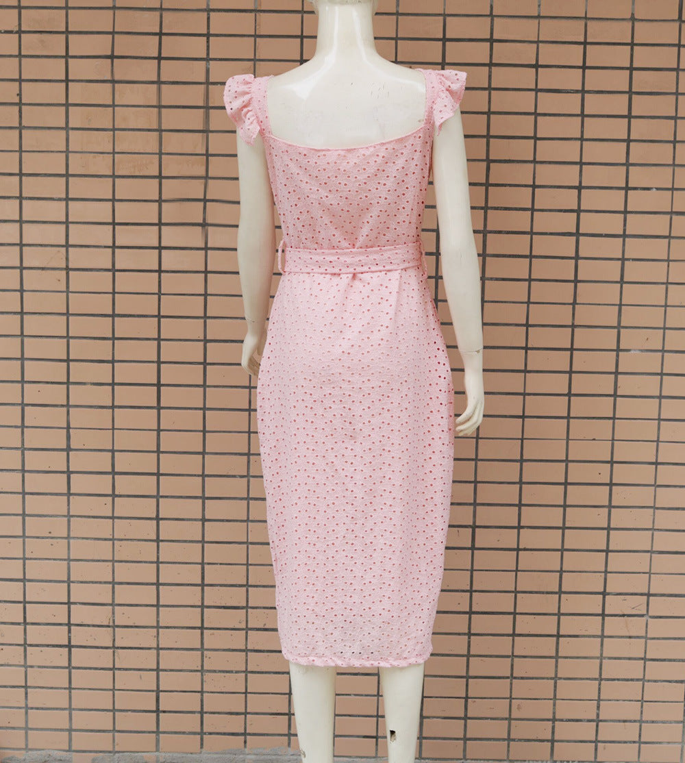 Square-neck embroidered slim dress