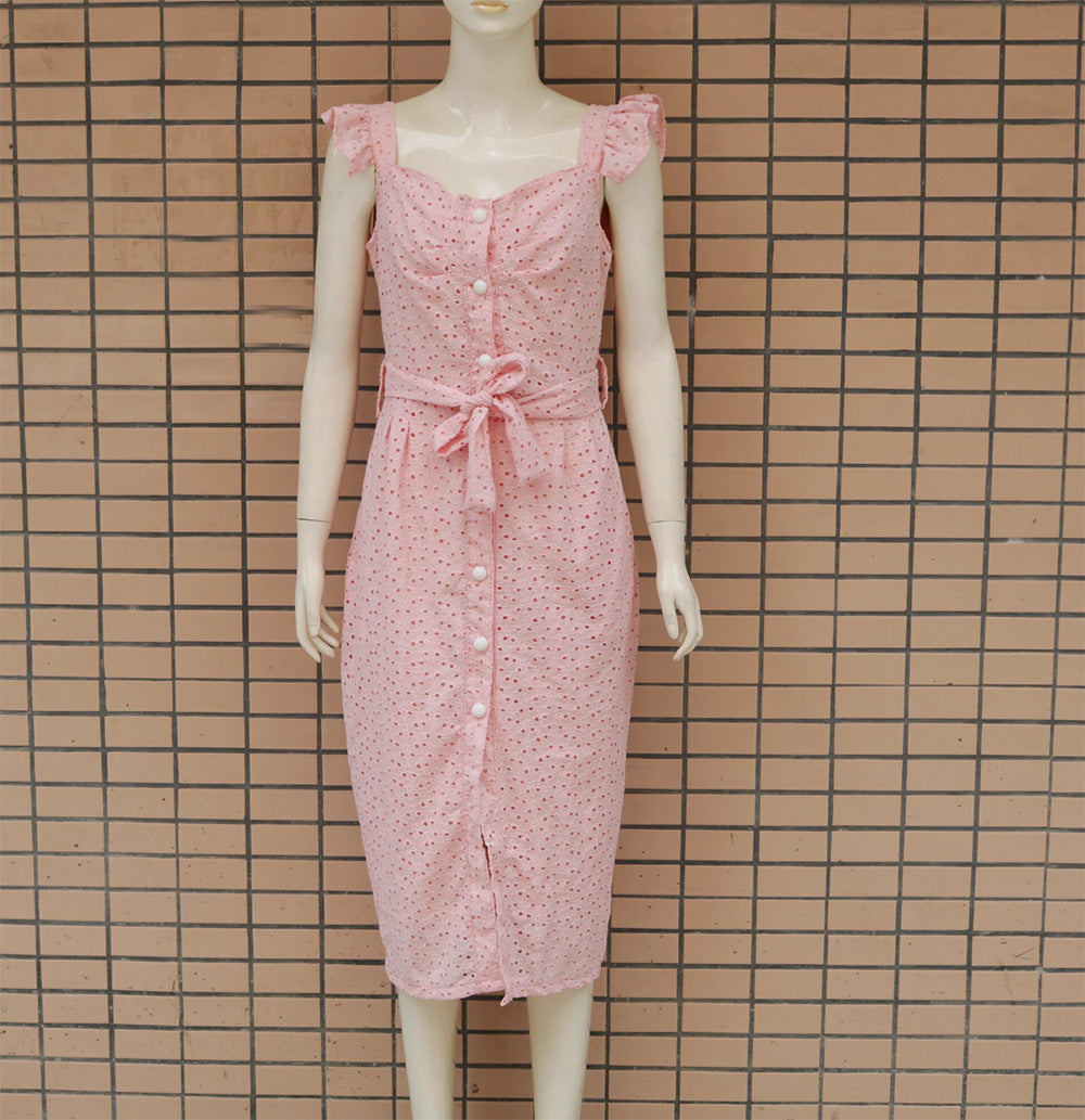 Square-neck embroidered slim dress