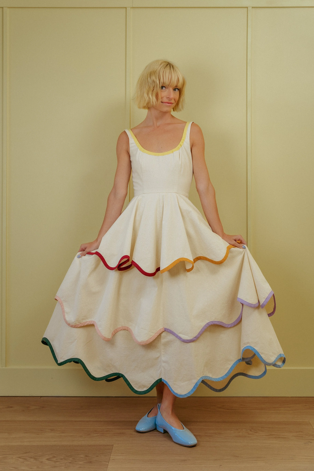 Rainbow Scallop Tiered Midi Dress
