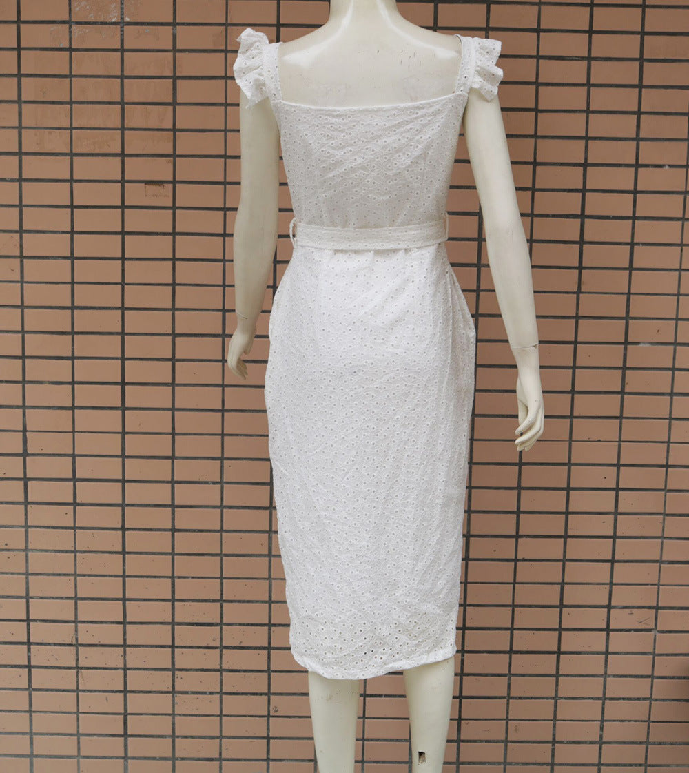 Square-neck embroidered slim dress
