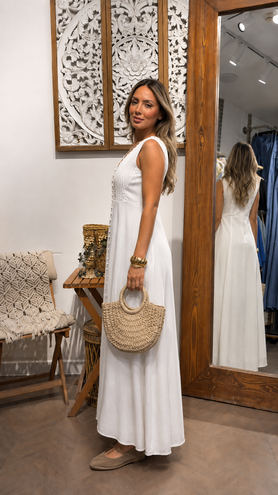 Sleeveless Button-Front Pintuck Maxi Dress