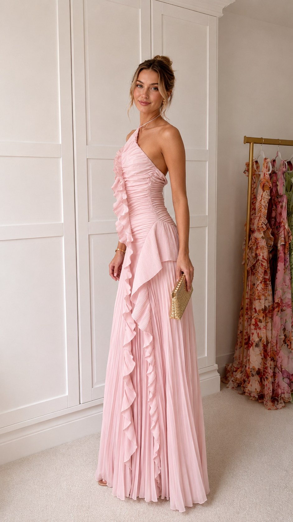 Asymmetric Pleated Halter Ruffle Maxi Dress