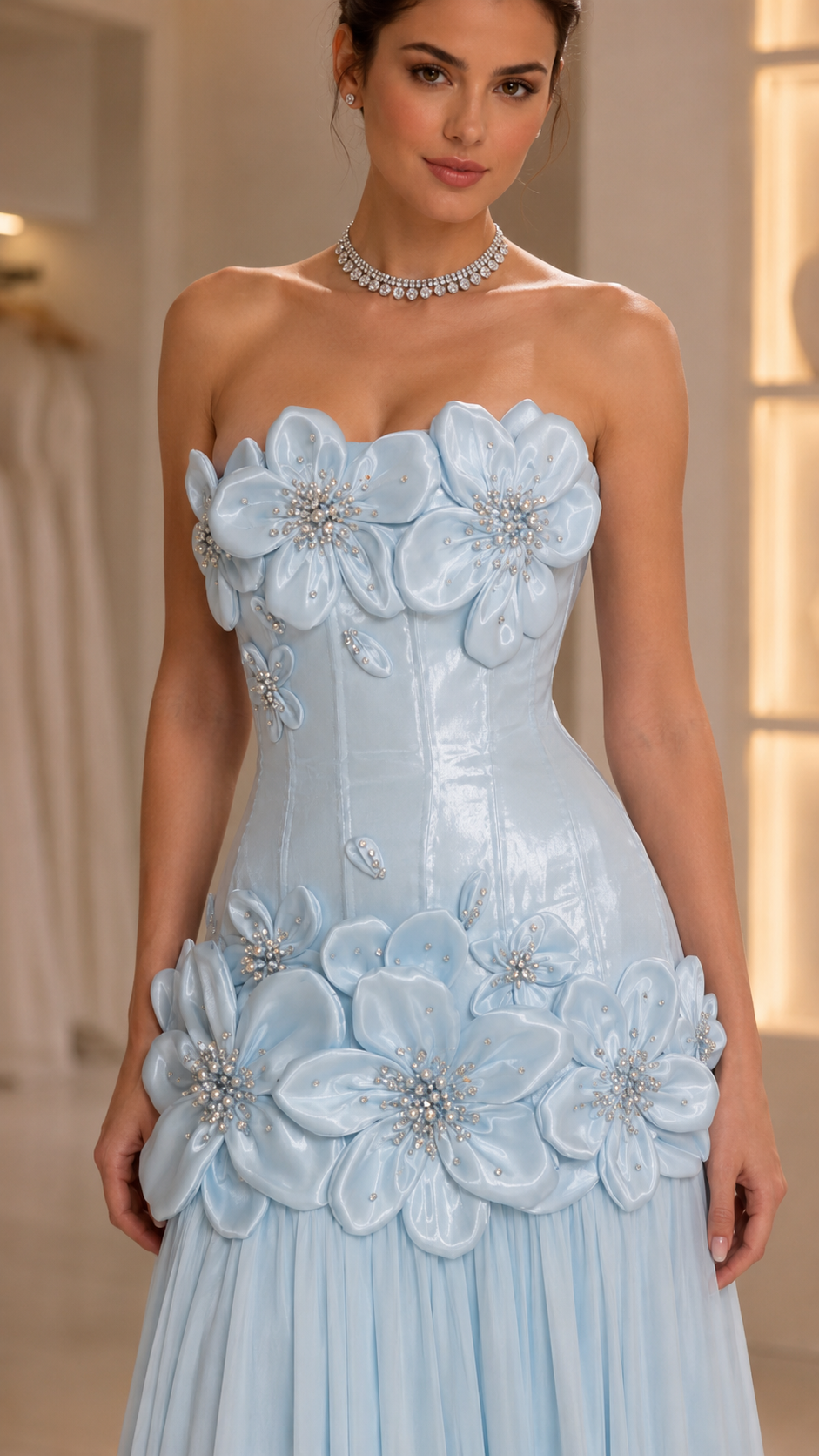 Strapless 3D Floral Appliqué Corset Maxi Dress