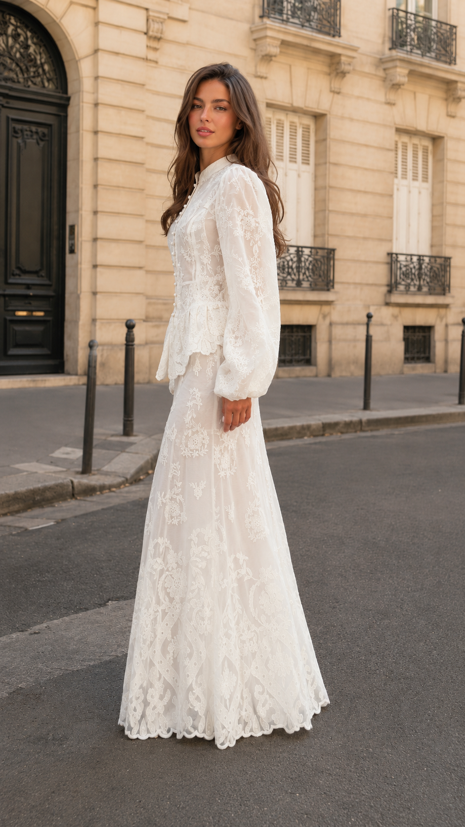 Embroidered Lace Button-Front Maxi Dress