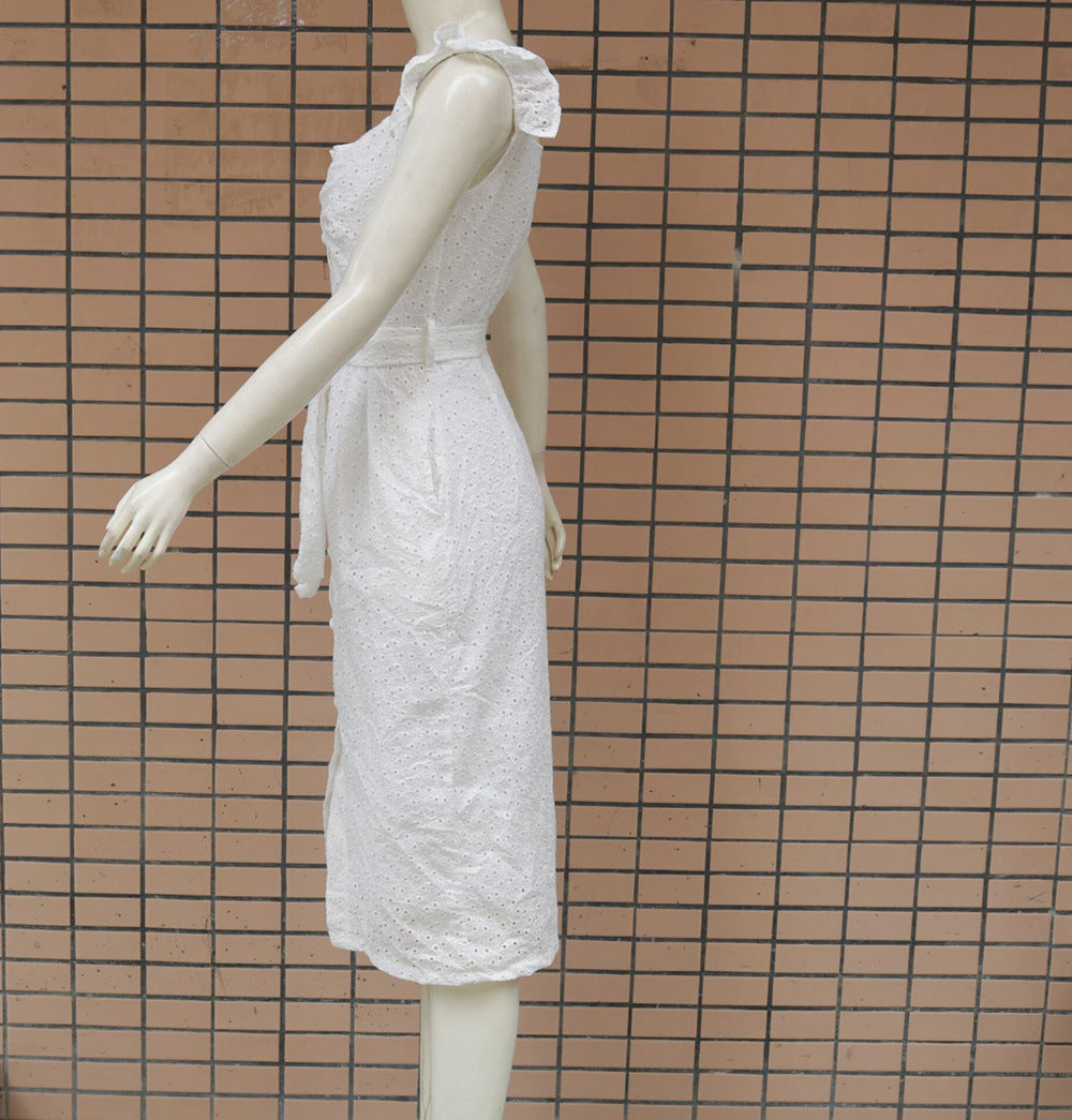 Square-neck embroidered slim dress