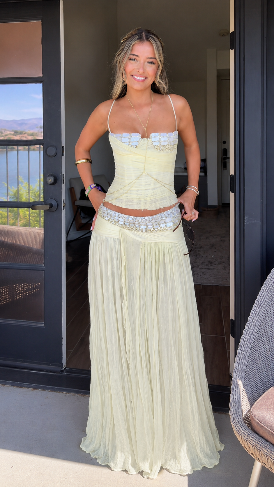 Embellished Ruched Cami Top & Pleated Maxi Skirt Set