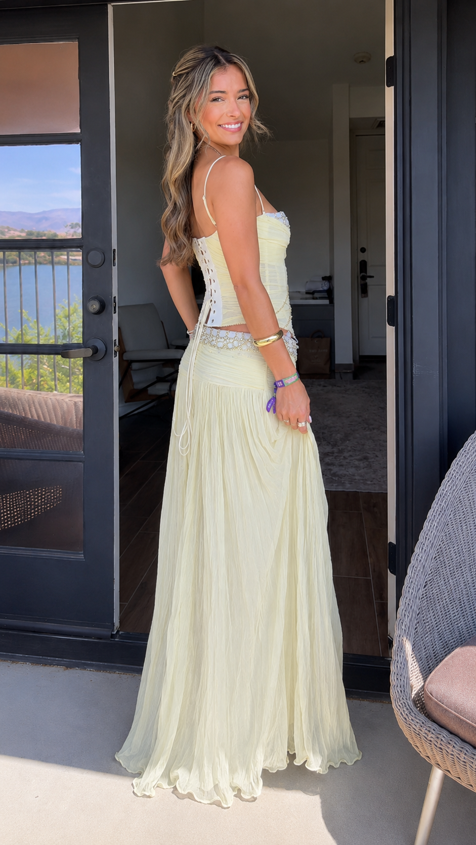 Embellished Ruched Cami Top & Pleated Maxi Skirt Set
