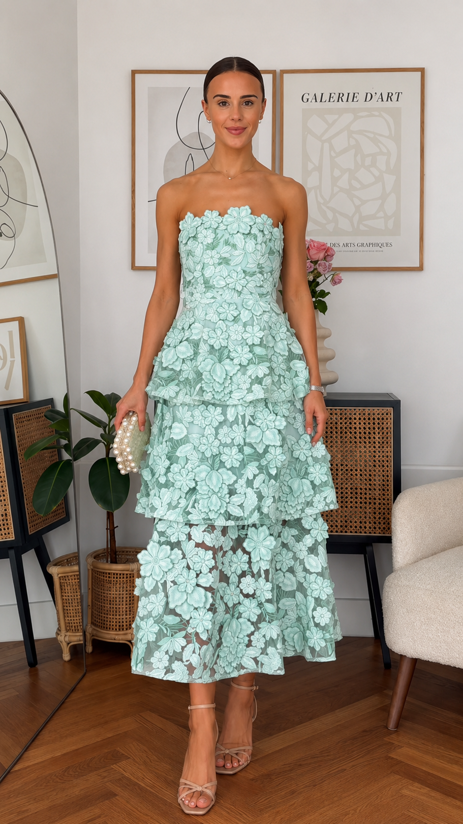 Strapless 3D Floral Appliqué Tiered Midi Dress