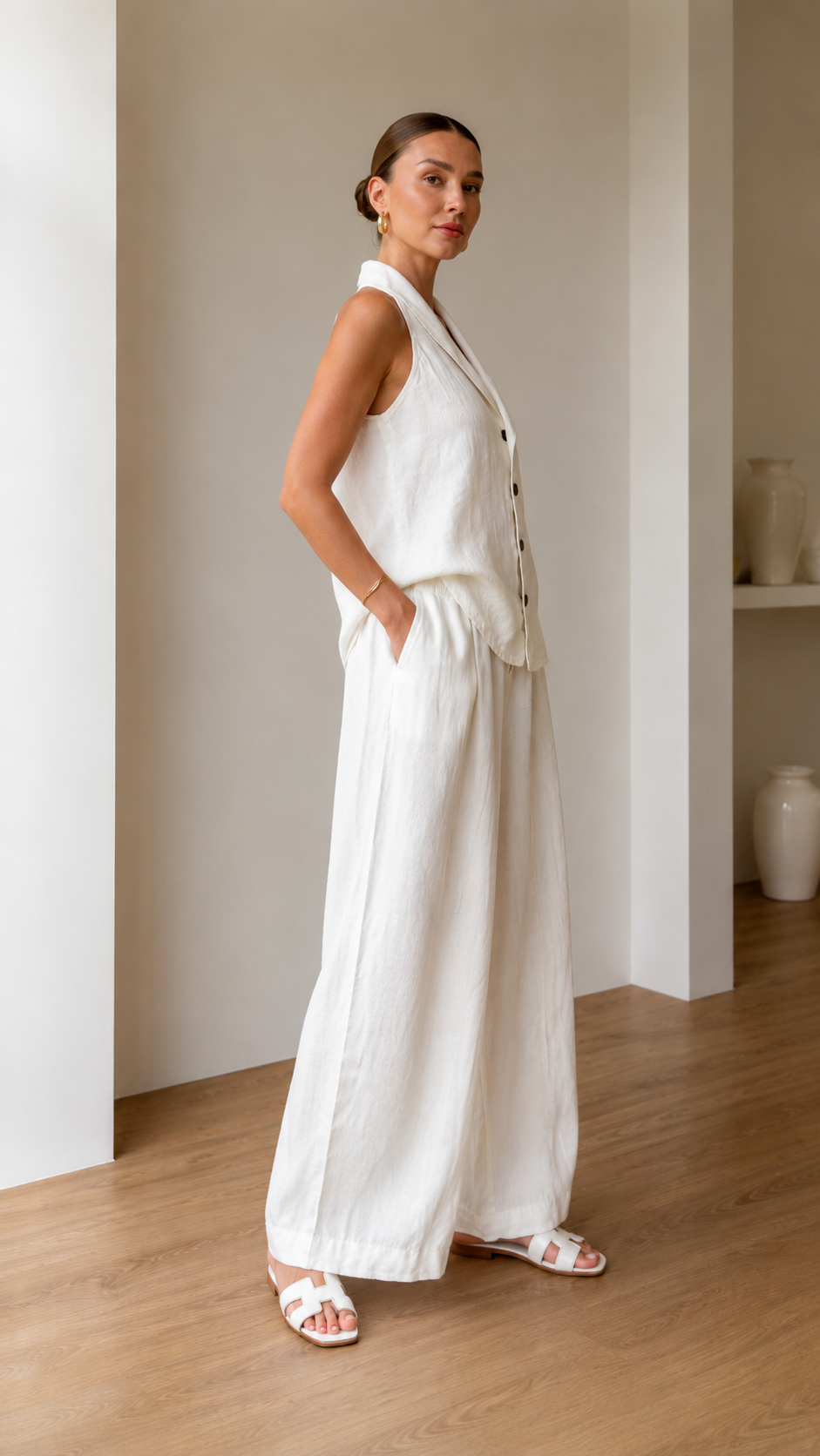 Linen-Look Halter Vest & Wide-Leg Pants Set
