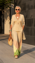 Colorblock Wide-Leg Cardigan Three-Piece Set