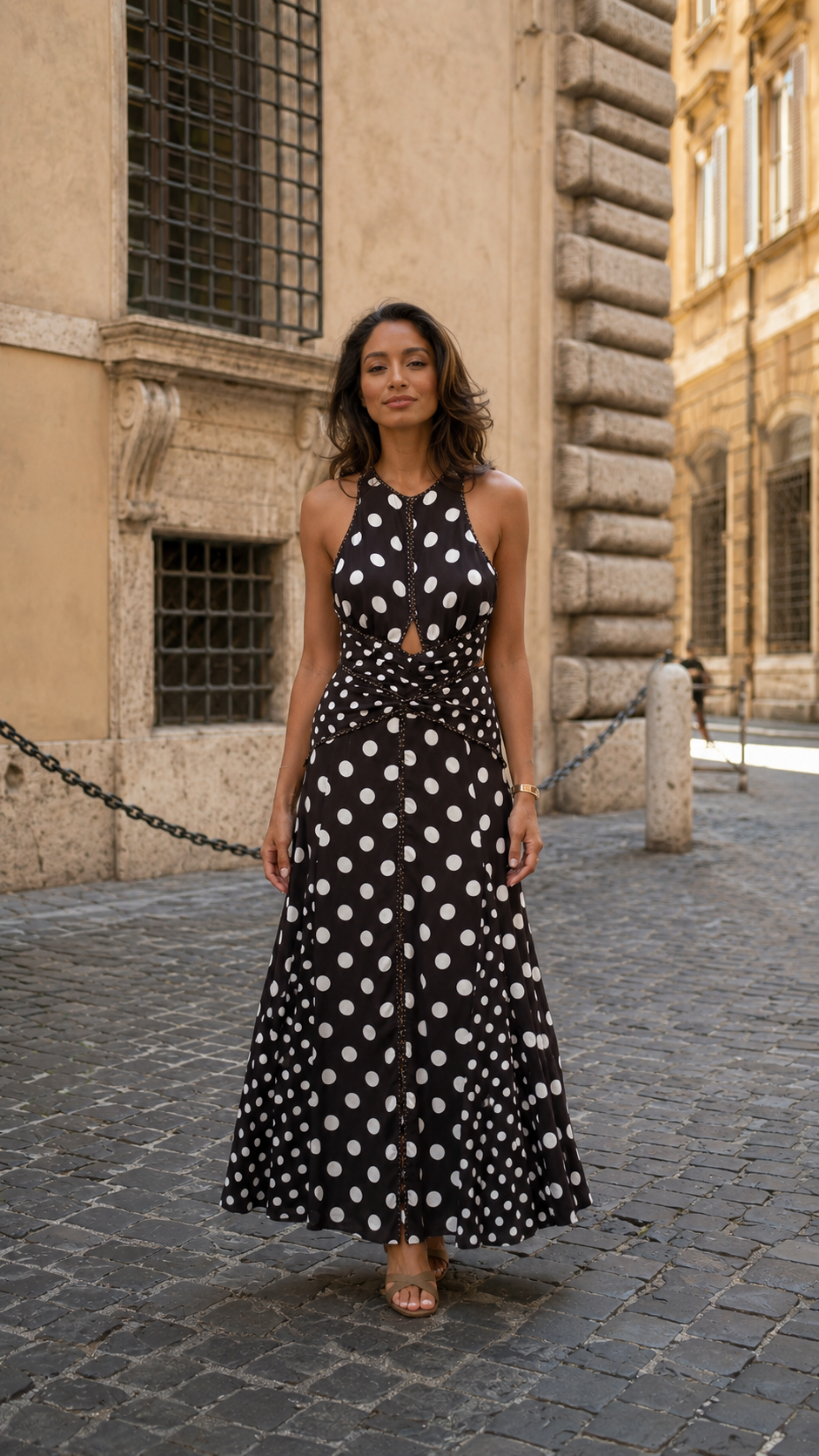 Polka Dot Halter Twist-Waist Maxi Dress