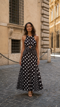 Polka Dot Halter Twist-Waist Maxi Dress