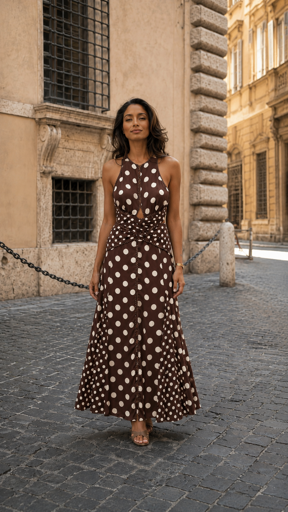 Polka Dot Halter Twist-Waist Maxi Dress