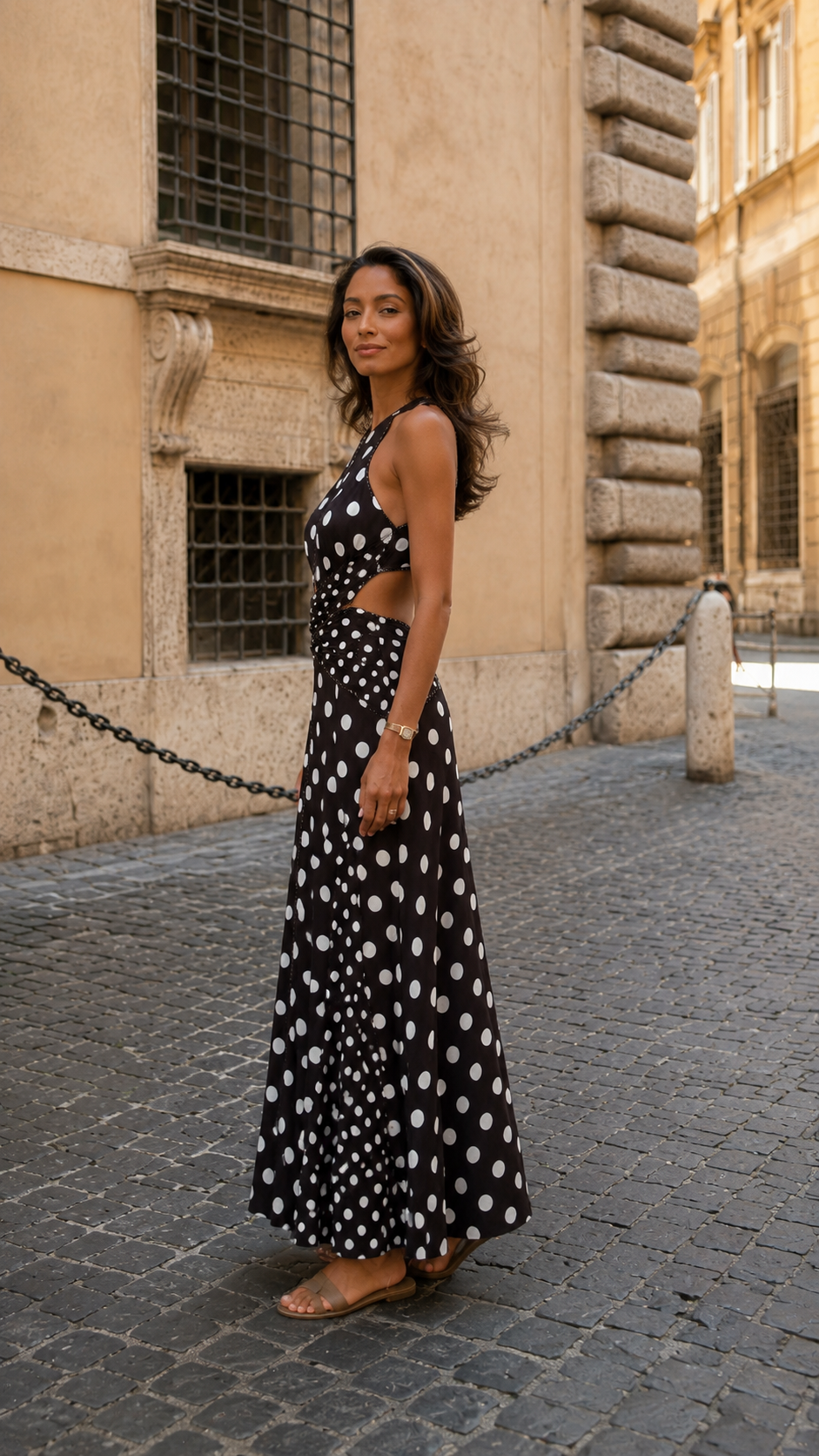Polka Dot Halter Twist-Waist Maxi Dress