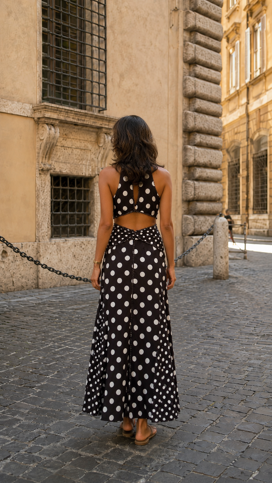 Polka Dot Halter Twist-Waist Maxi Dress