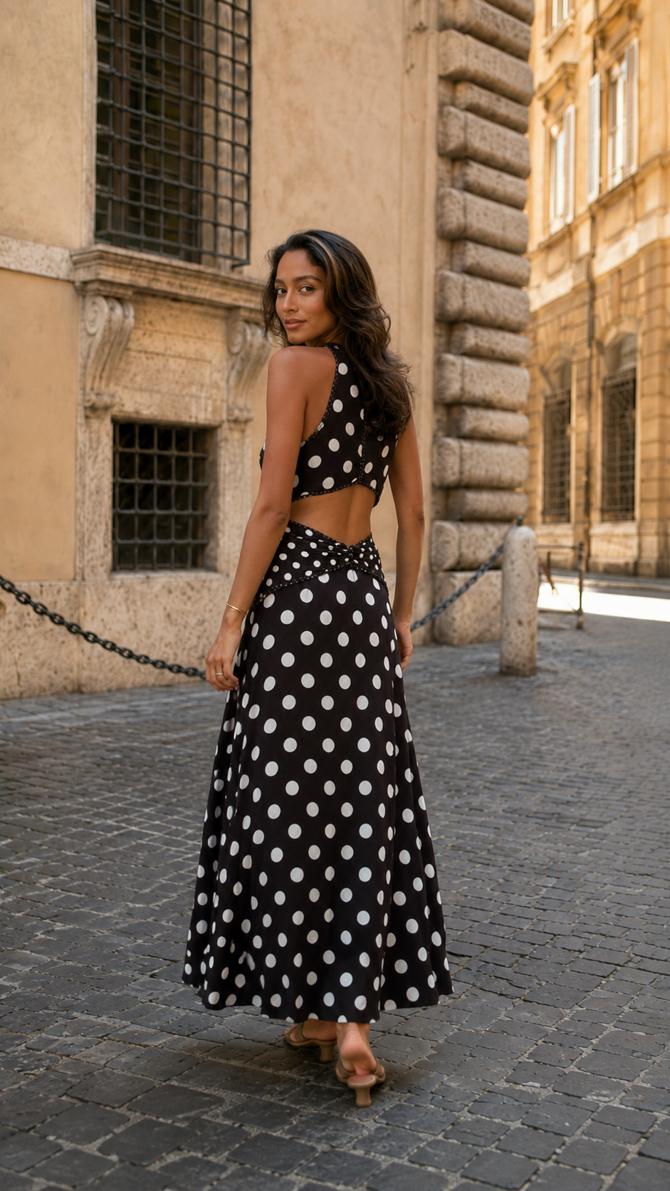 Polka Dot Halter Twist-Waist Maxi Dress
