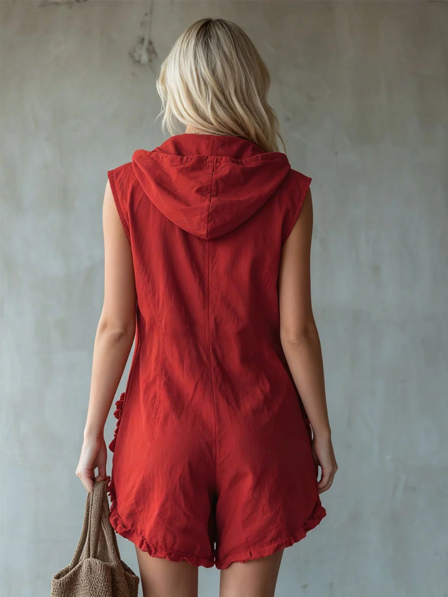 Sleeveless Hooded Zip-Front Ruffle Pocket Romper