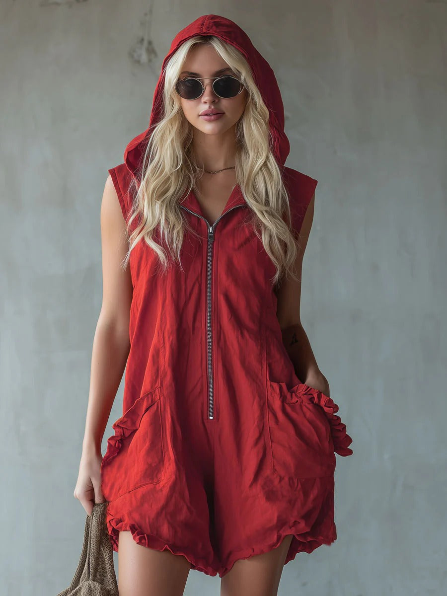 Sleeveless Hooded Zip-Front Ruffle Pocket Romper