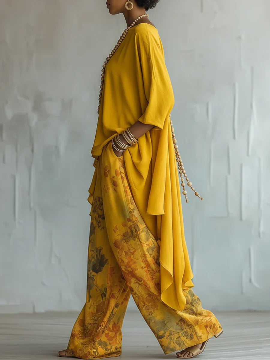 Asymmetric Layered Tunic Top & Floral Wide-Leg Pants Set