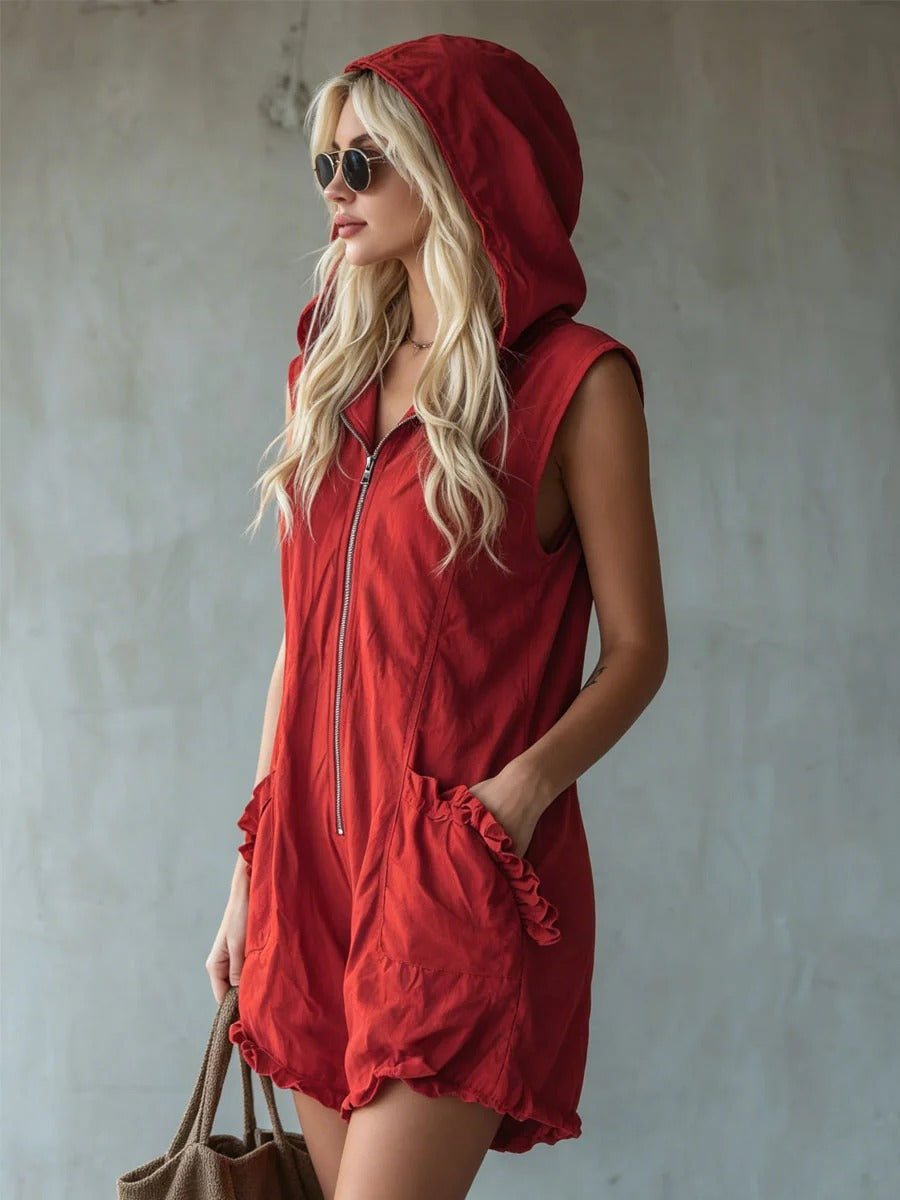 Sleeveless Hooded Zip-Front Ruffle Pocket Romper