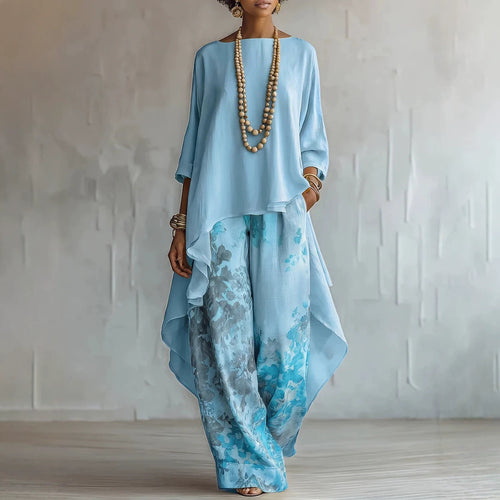 Asymmetric Layered Tunic Top & Floral Wide-Leg Pants Set