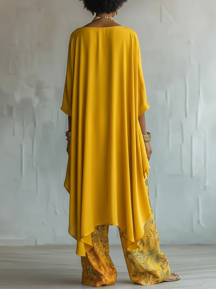 Asymmetric Layered Tunic Top & Floral Wide-Leg Pants Set
