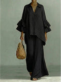 Elegant Ruffle Sleeve Asymmetric Top & Wide-Lleg Pants Set