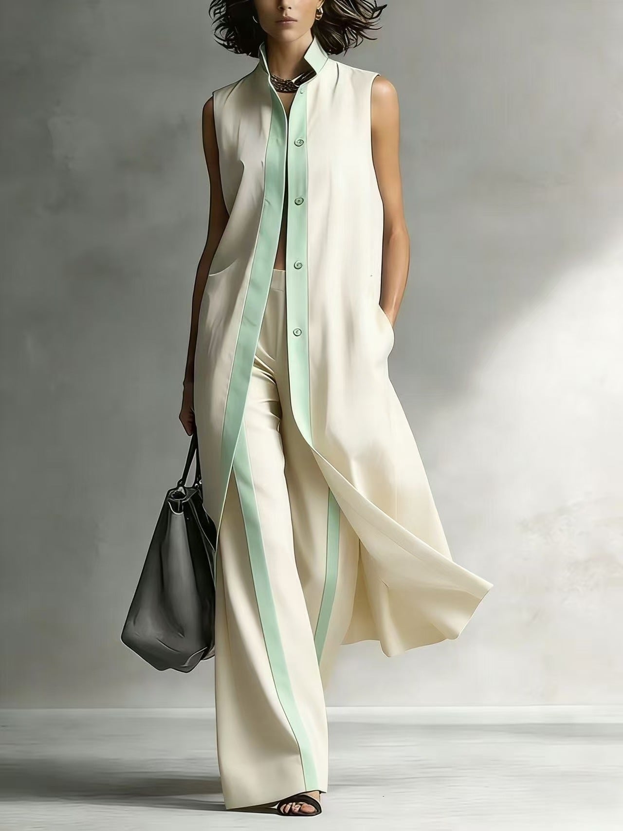 Sleeveless Longline Vest & Wide-Leg Pants Set