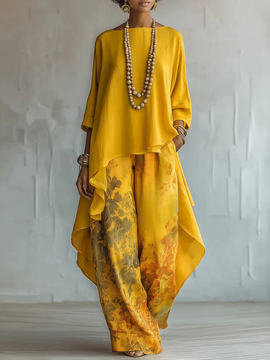 Asymmetric Layered Tunic Top & Floral Wide-Leg Pants Set