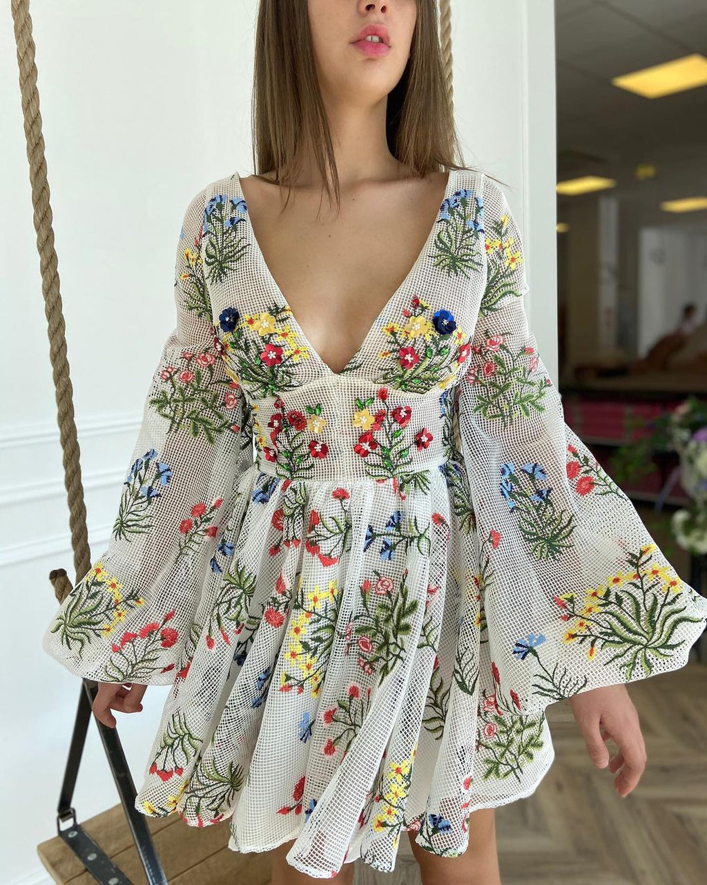 Embroidered Cute Lantern Sleeve Dress