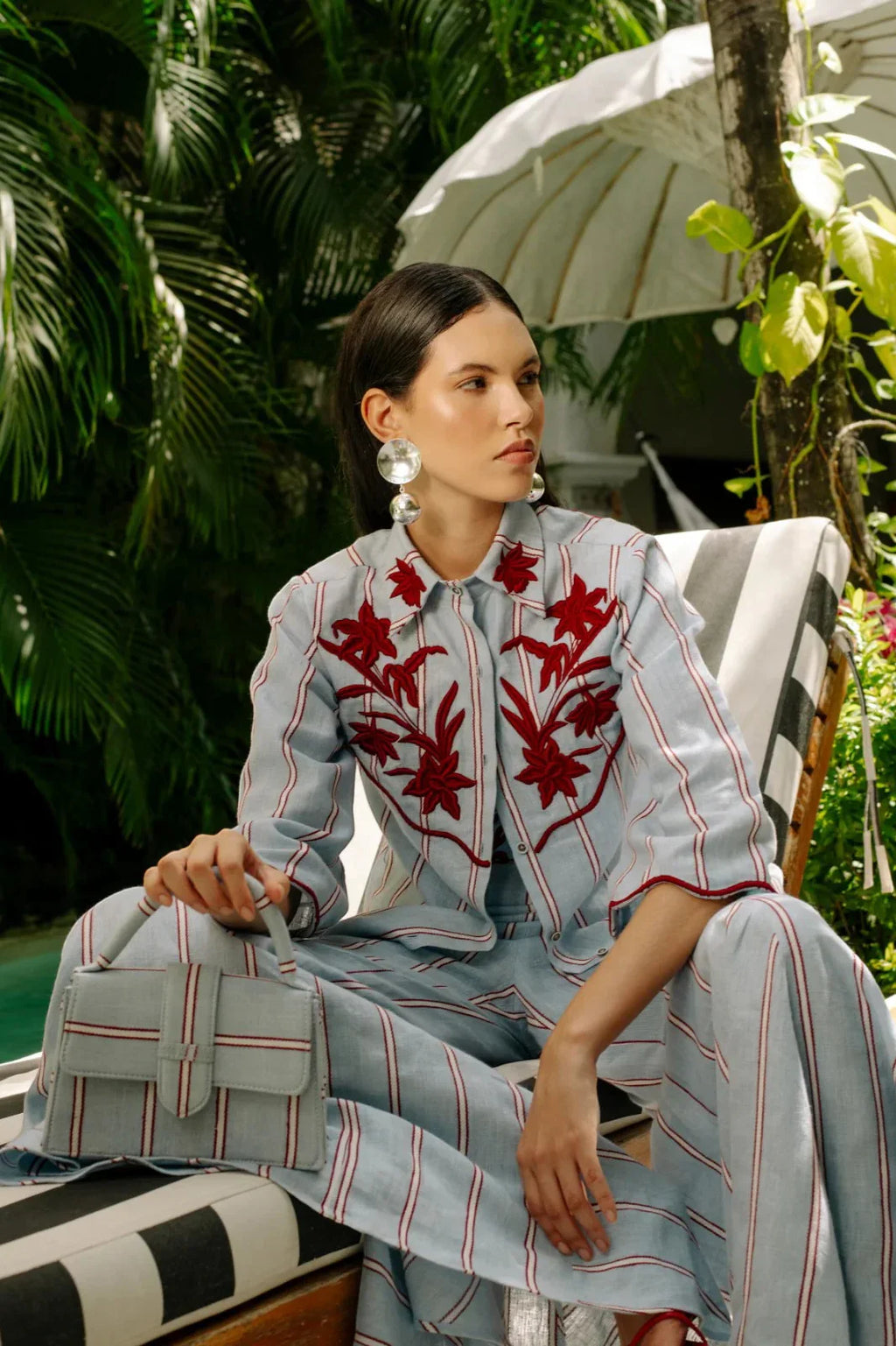 Embroidered Stripe Two-Piece Set
